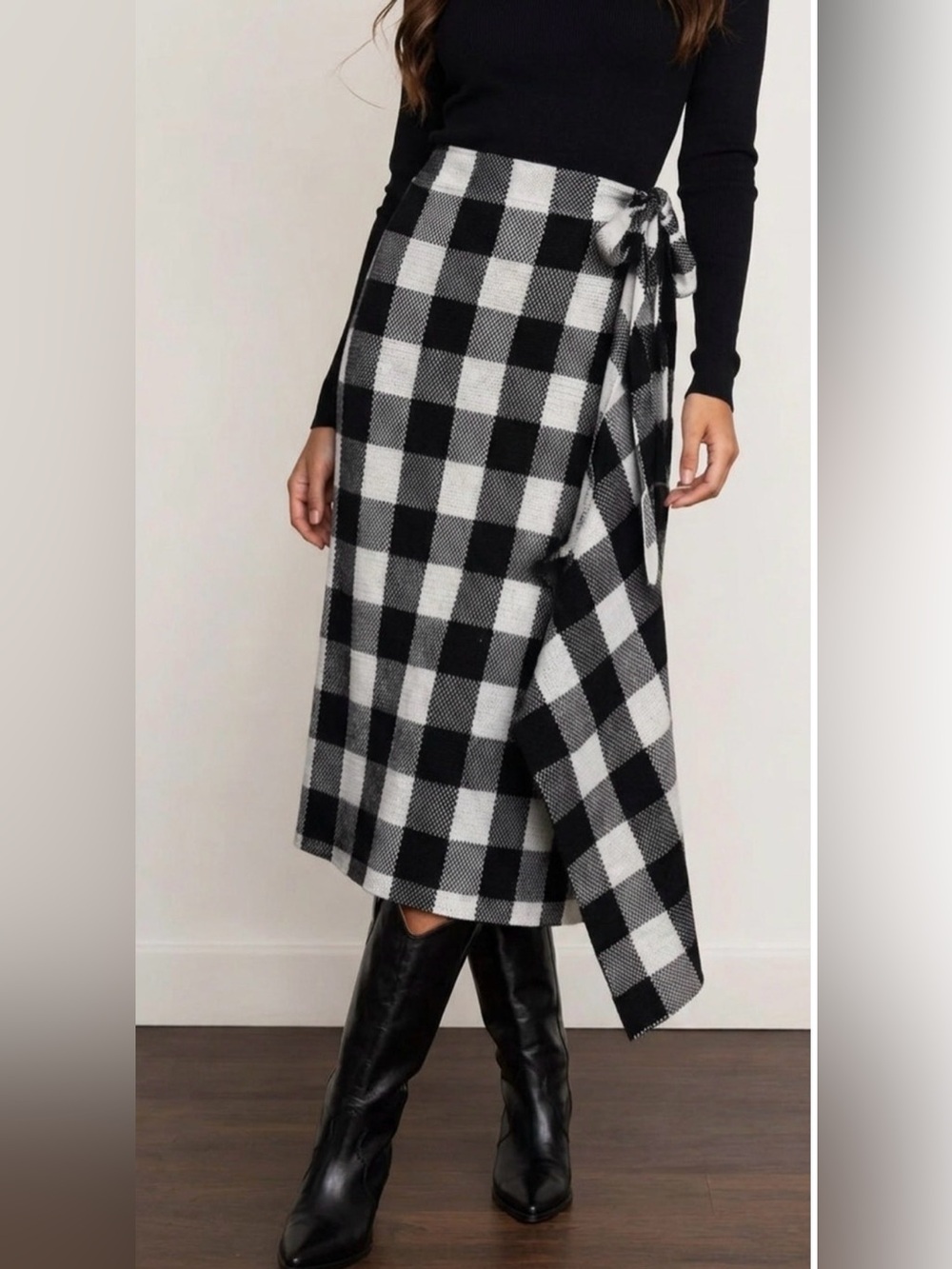 Pomander Place Black and White Buffalo Check Wrap Midi Skirt